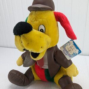 Vintage Kuddle Me Toys Yellow Dog Plush 12" Stuffed Animal Red Green Brown Suit